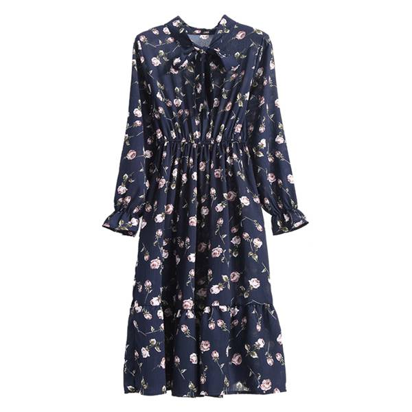 Women Autumn Chiffon Long Sleeve Print Casual Dress,Dark Blu