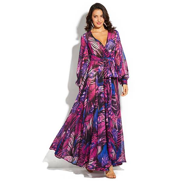 <b>Women Long Sleeve Dress Tropical Print V Neck Belt Dress Pur</b>