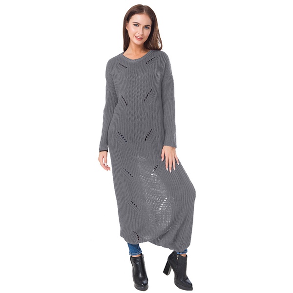 Long Dress Long Sleeve Hollow Out Wool Sweater Dress Gray S
