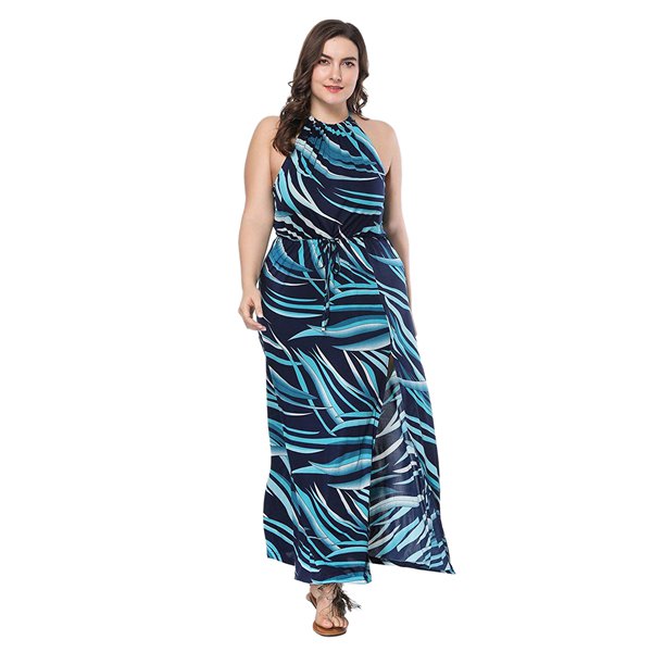 Women Chiffon Maxi Dress Beach Slit Long Dress Plus Size Blu