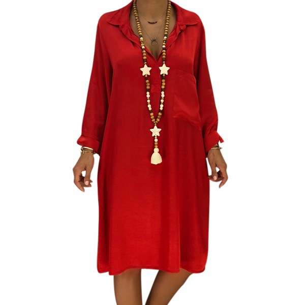Women Dress Ladies Holiday Buttons Pullover Shirt Dress Red