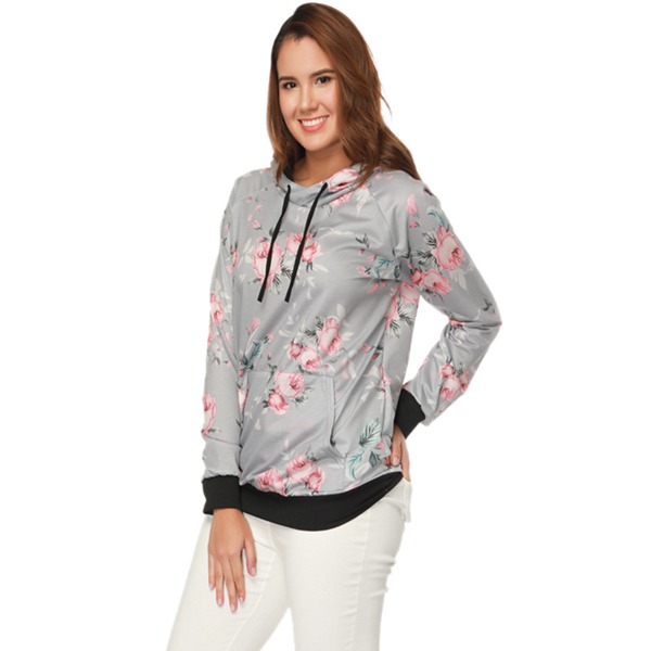 women Autumn Patchwork Print Floral Hooded Loose Tops Gray L