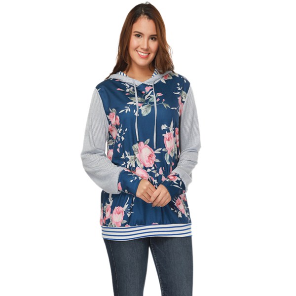 women Autumn Patchwork Print Floral Hooded Loose Tops Blue L