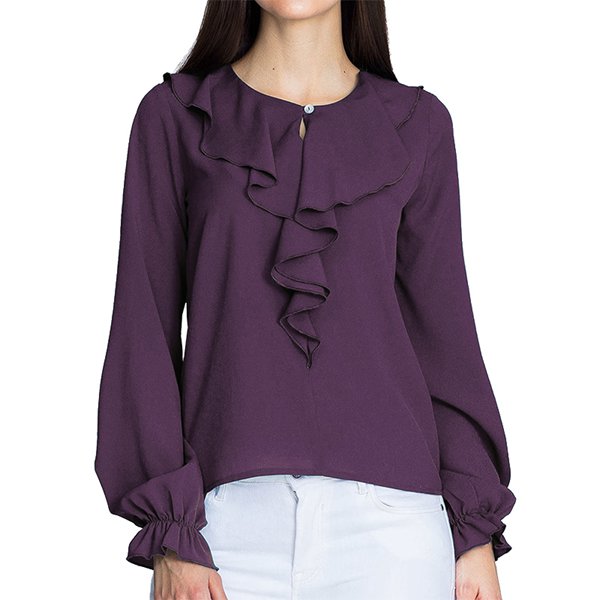 Women O Neck Chiffon Ruffles Solid Color Shirt Tops Purple S