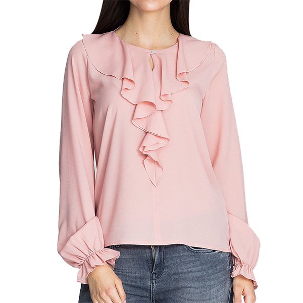 <b>Women O Neck Chiffon Ruffles Solid Color Shirt Tops Pink S</b>