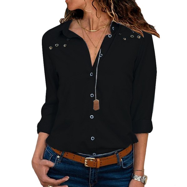 Women Long Sleeve Lapel Hollow Out Solid Color Shirt Black S