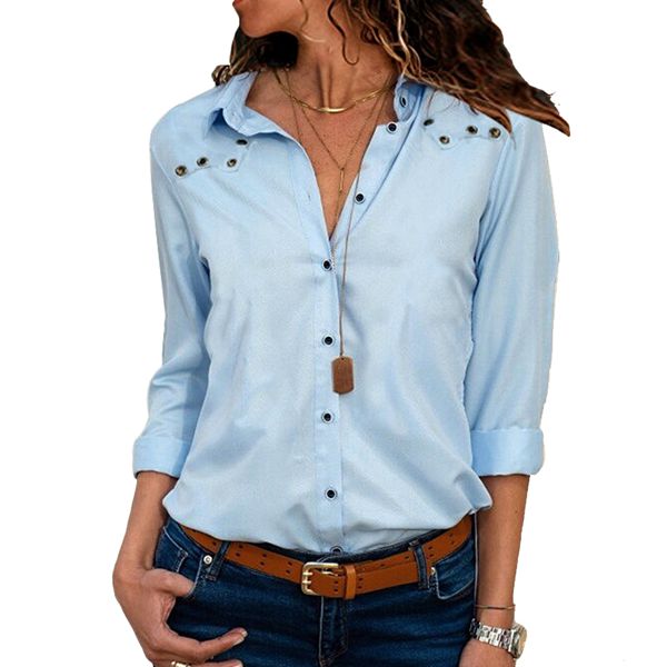 Women Long Sleeve Lapel Hollow Out Solid Color Shirt Sky Blu