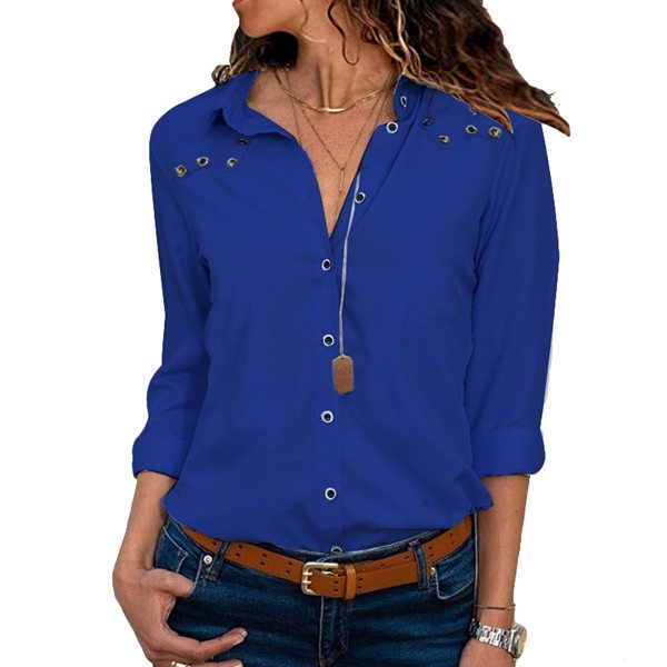 Women Long Sleeve Lapel Hollow Out Solid Color Shirt Royal B