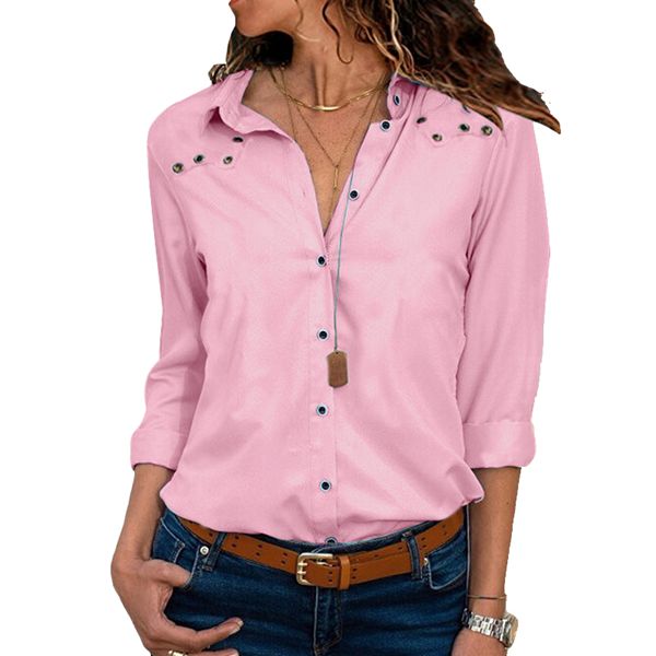 Women Long Sleeve Lapel Hollow Out Solid Color Shirt Pink S