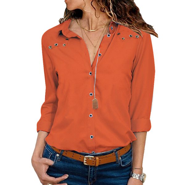 Women Long Sleeve Lapel Hollow Out Solid Color Shirt Orange