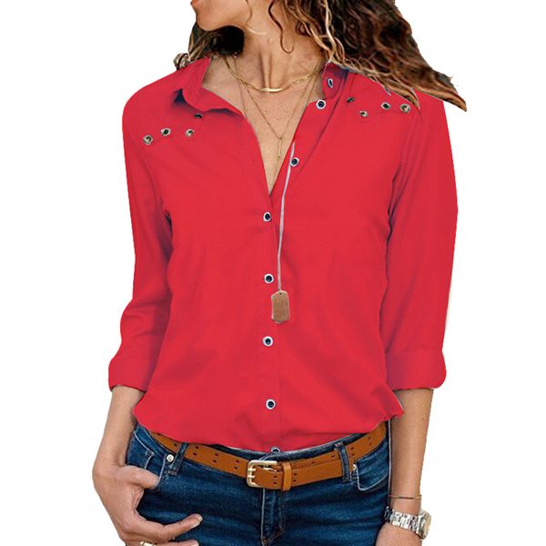 <b>Women Long Sleeve Lapel Hollow Out Solid Color Shirt Red S</b>