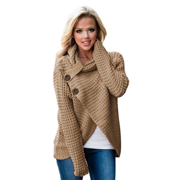 Women Autumn Turtleneck Pullover Sweater Long-Sleeve Khaki S