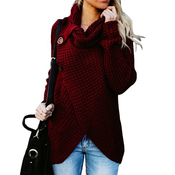 Women Autumn Turtleneck Pullover Sweater Long-Sleeve Wine Re
