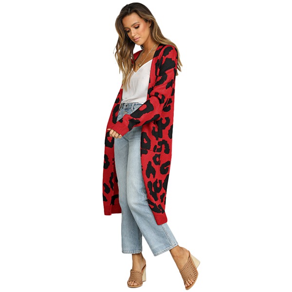 Women Sweater Coat Print Long Sleeve Cotton Knitted Coat Red