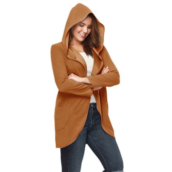Hooded Jacket Solid Color Coat Ladies Cardigans Khaki L