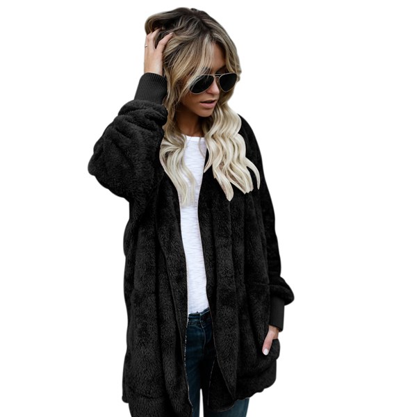 Women Oversized Jacket Coat Female Long Sleeve Fuzzy Black M