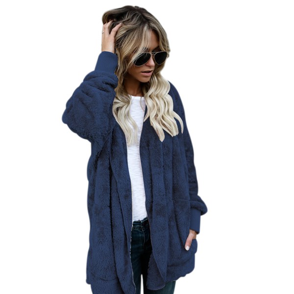 Women Oversized Jacket Coat Female Long Sleeve Fuzzy Blue M