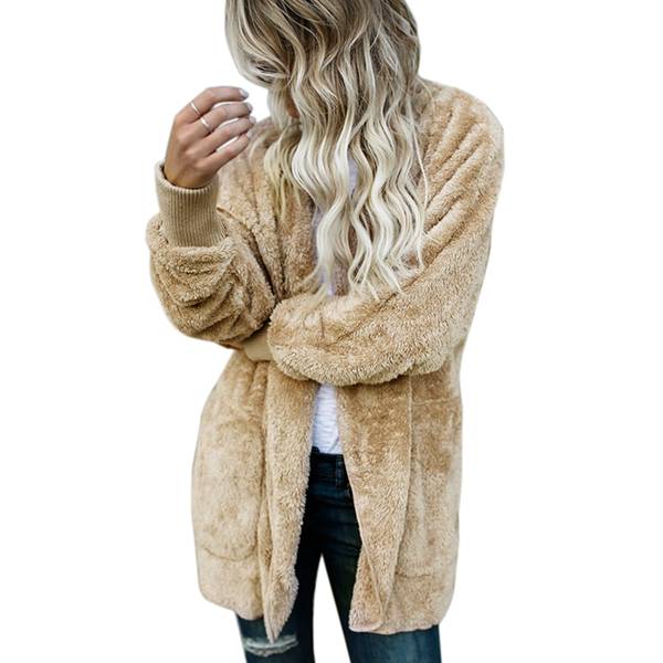 Women Oversized Jacket Coat Female Long Sleeve Fuzzy Khaki M