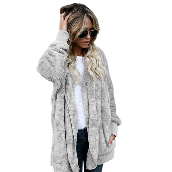 Women Oversized Jacket Coat Female Long Sleeve Fuzzy Gray M