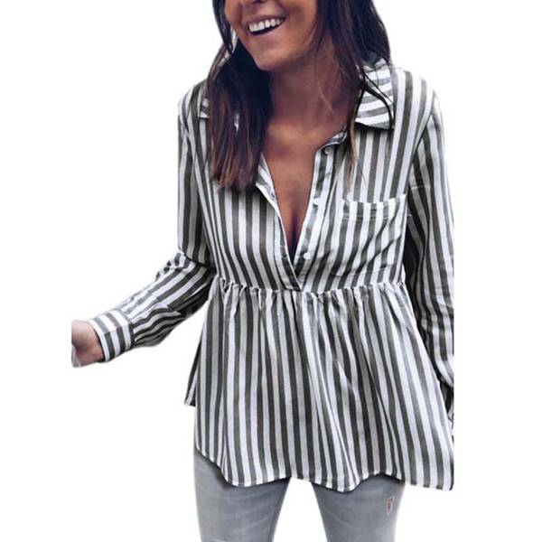 Womens Striped Long Sleeve Casual Shirt Office Deep V Lapel