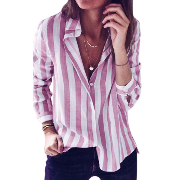 <b>Womens Long Sleeve Striped Turn-down Collar Linen Blouse Pin</b>