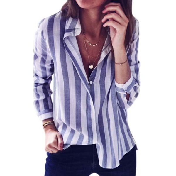Womens Long Sleeve Striped Turn-down Collar Linen Blouse Blu