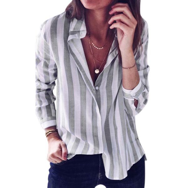 Womens Long Sleeve Striped Turn-down Collar Linen Blouse Gre
