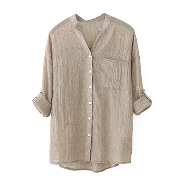 Women Cotton Linen Long Sleeve Shirt Solid Loose V-Neck Beig