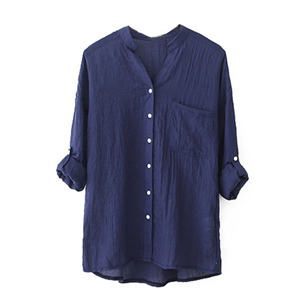 Women Cotton Linen Long Sleeve Shirt Solid Loose V-Neck Dark