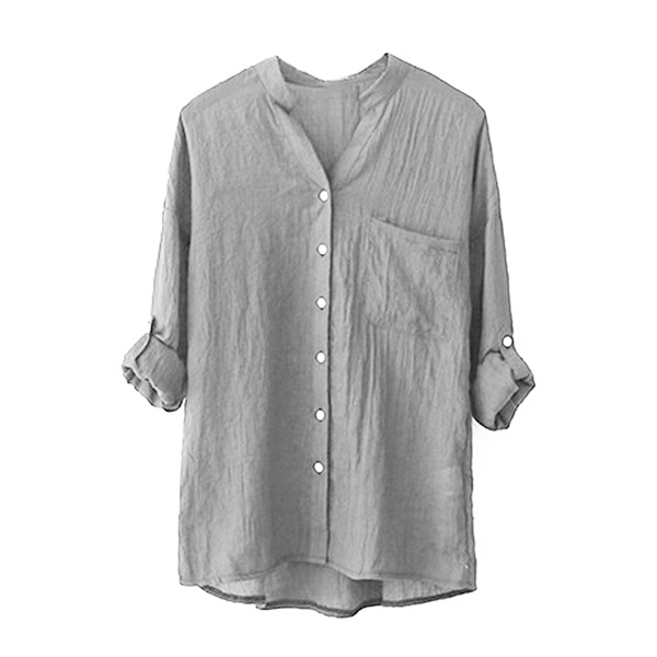 <b>Women Cotton Linen Long Sleeve Shirt Solid Loose V-Neck Grey</b>