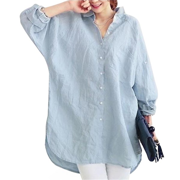 Women Loose Cotton Linen Blouse Long sleeve Shirt Tops Blue