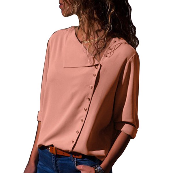 Womens Solid Color Long Sleeve V Neck Shirt Chiffon Tops Pin