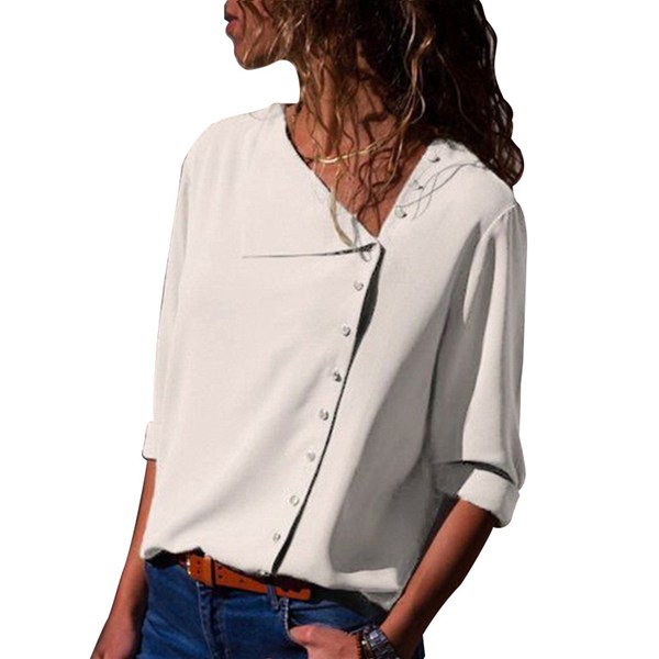 Womens Solid Color Long Sleeve V Neck Shirt Chiffon Tops Whi