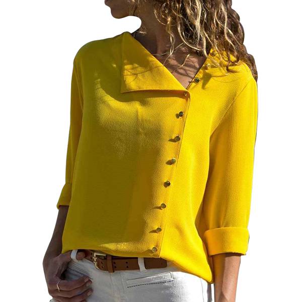 Womens Solid Color Long Sleeve V Neck Shirt Chiffon Tops Yel