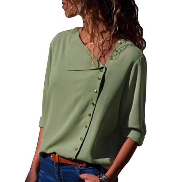 Womens Solid Color Long Sleeve V Neck Shirt Chiffon Tops Gre