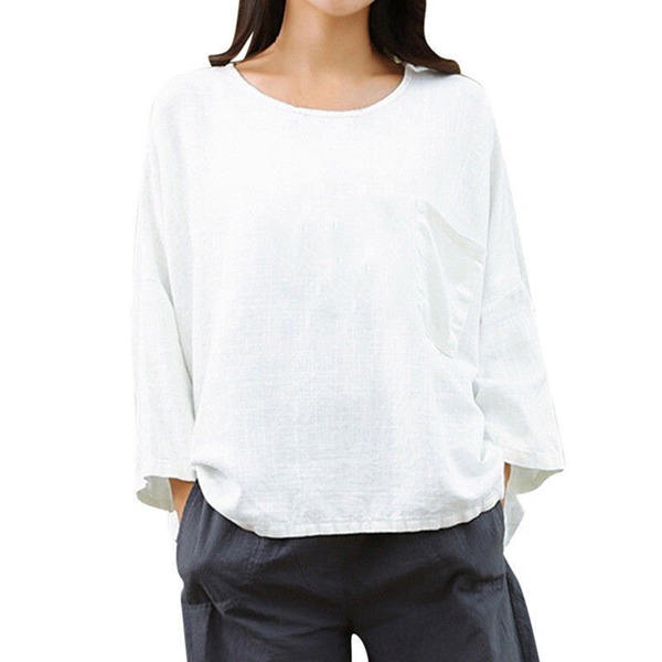Women Crewneck 3/4 Sleeve Pure Color Cotton Linen Tops,White