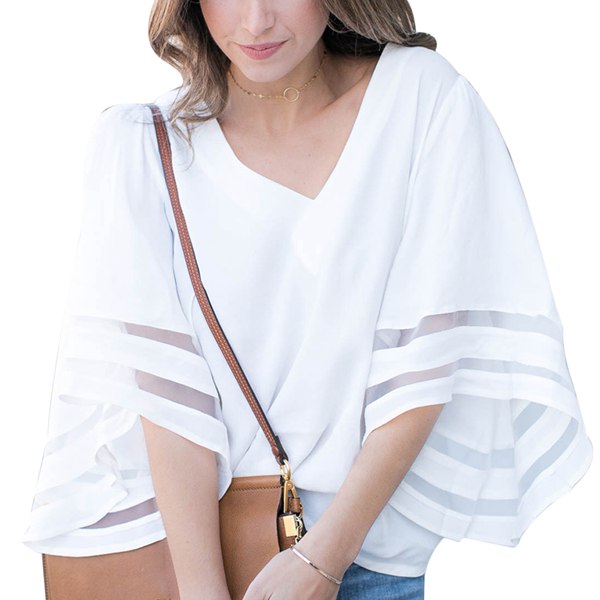 Summer V Neck Women Casual Loose Patchwork Mesh Tops,White S