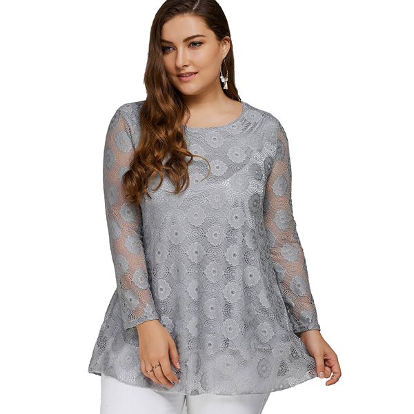 Women Casual Loose Long Sleeve Lace Hollow Out Tops T-shirt,