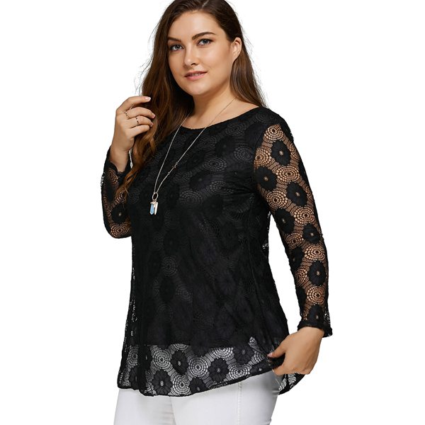 Women Casual Loose Long Sleeve Lace Hollow Out T-shirt,Black