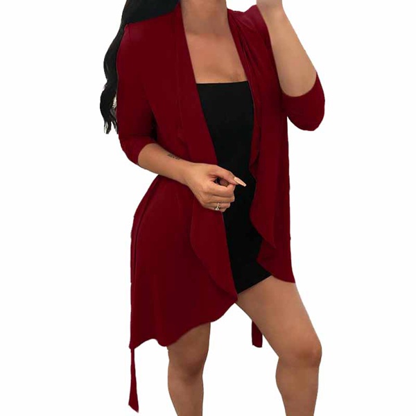 Women Plain cardigans Top sleeve Irregular Hem Coat Red wine