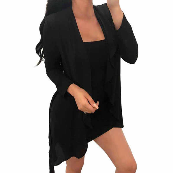 Women Plain cardigans Top sleeve Irregular Hem Coat Black S